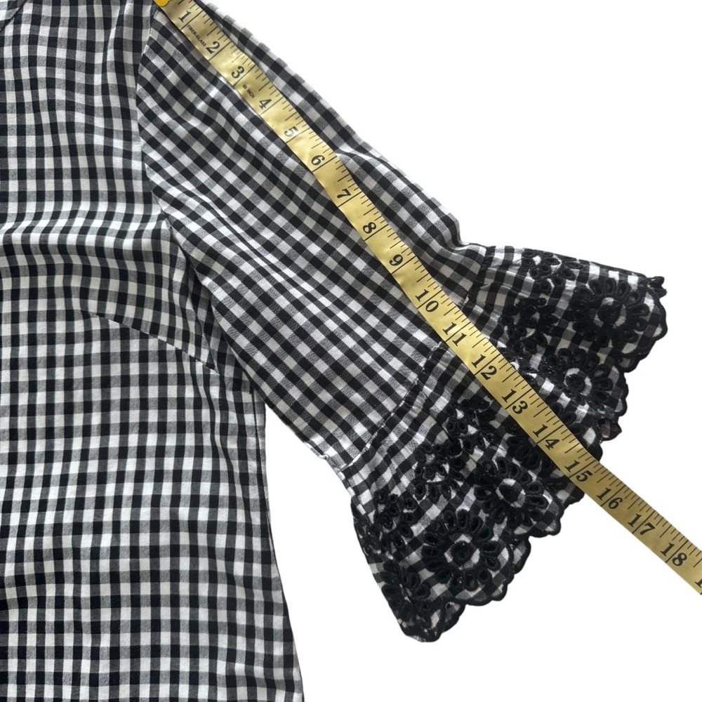 J. Crew Black and White Gingham 10 Petite Blouse with Tiered Bell Sleeves - Picture 7 of 9